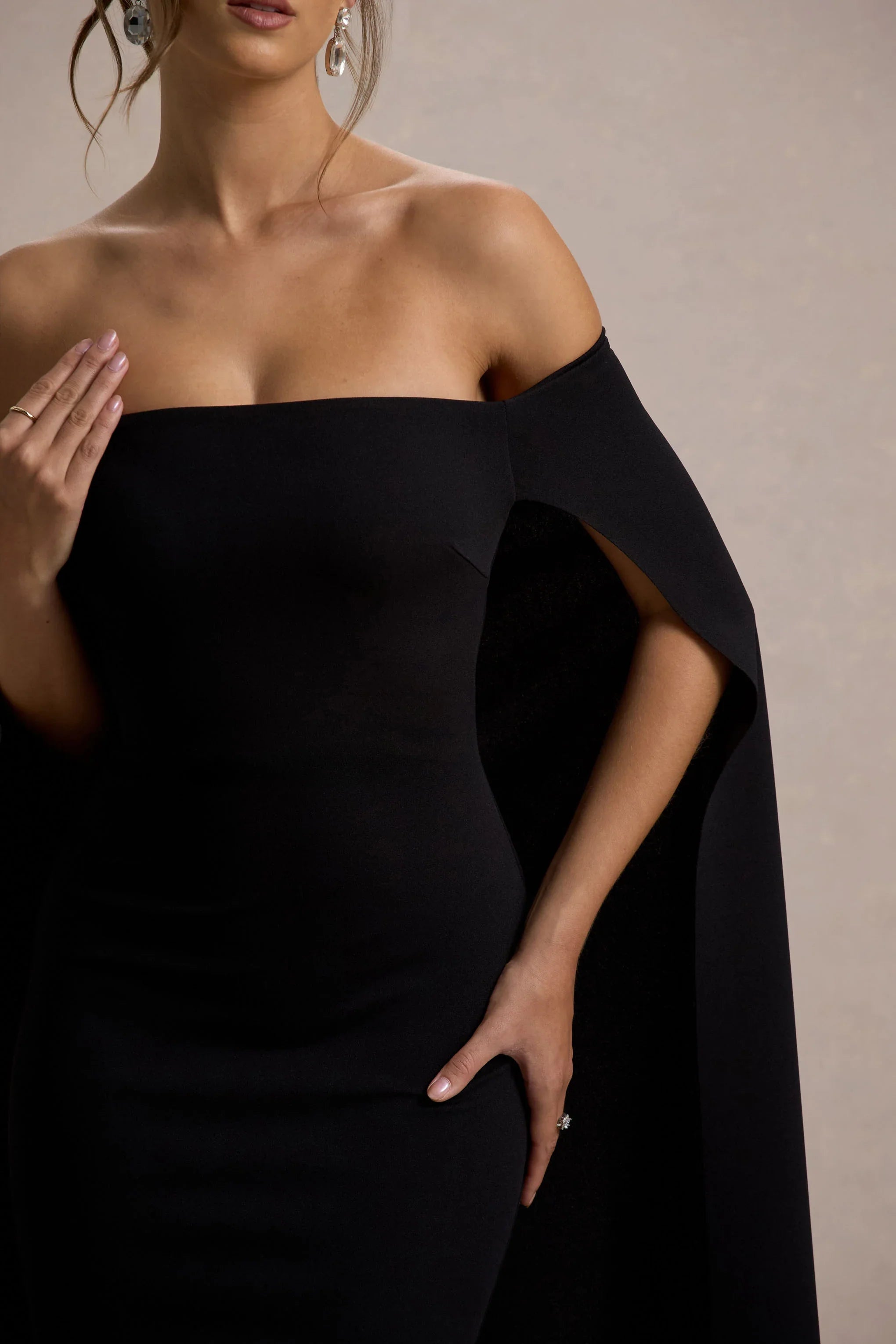 Genovia Black Bardot Cape Maxi Dress