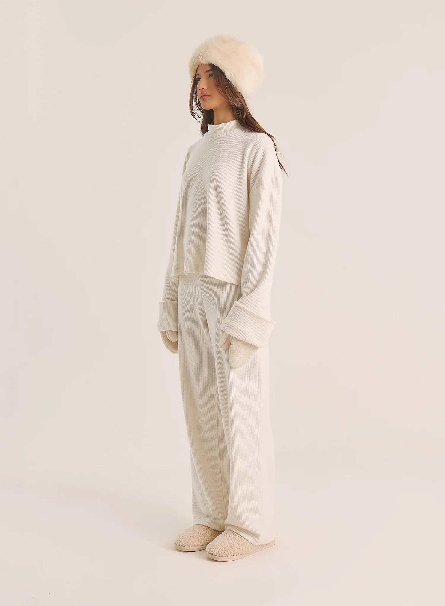 Ecru Foldover Waist Wide Leg Jersey Trousers