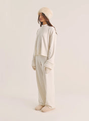 Ecru Foldover Waist Wide Leg Jersey Trousers