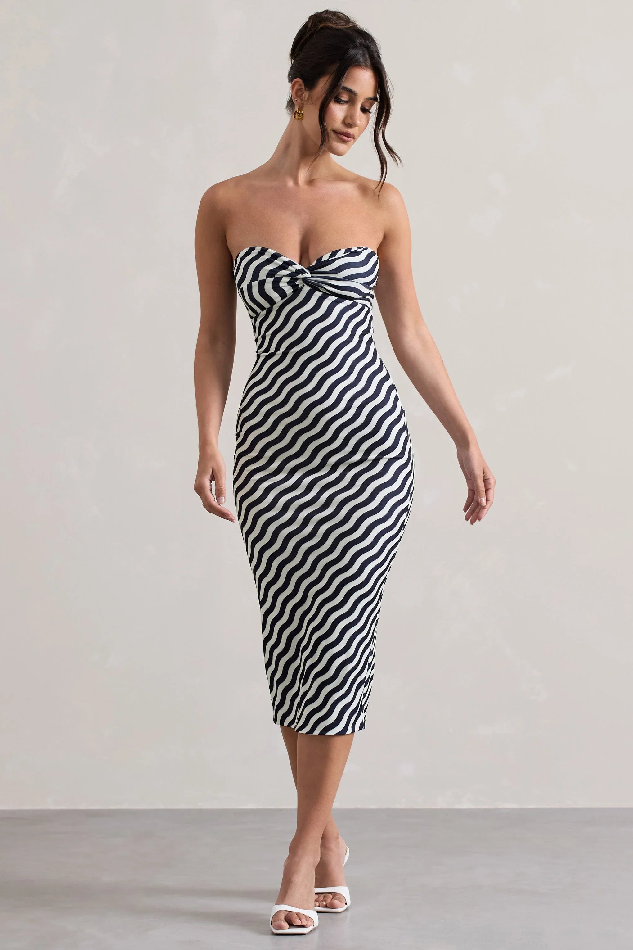 Reese Navy Wave Print Strapless Midi Dress