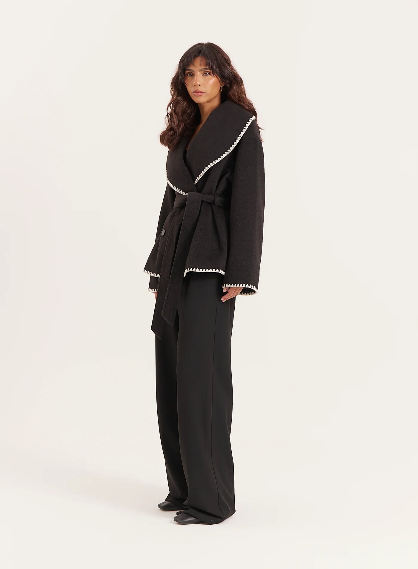 Black Contrast Stitch Belted Jacket