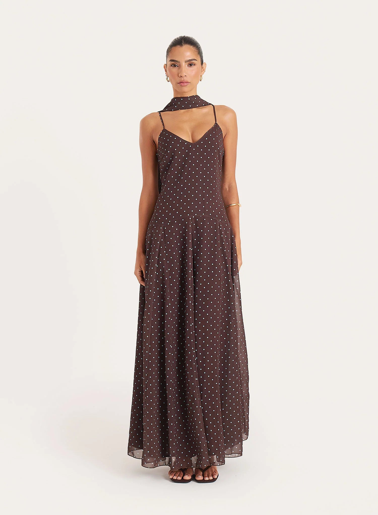 Brown Polka Dot Chiffon Scarf Detail Maxi Dress