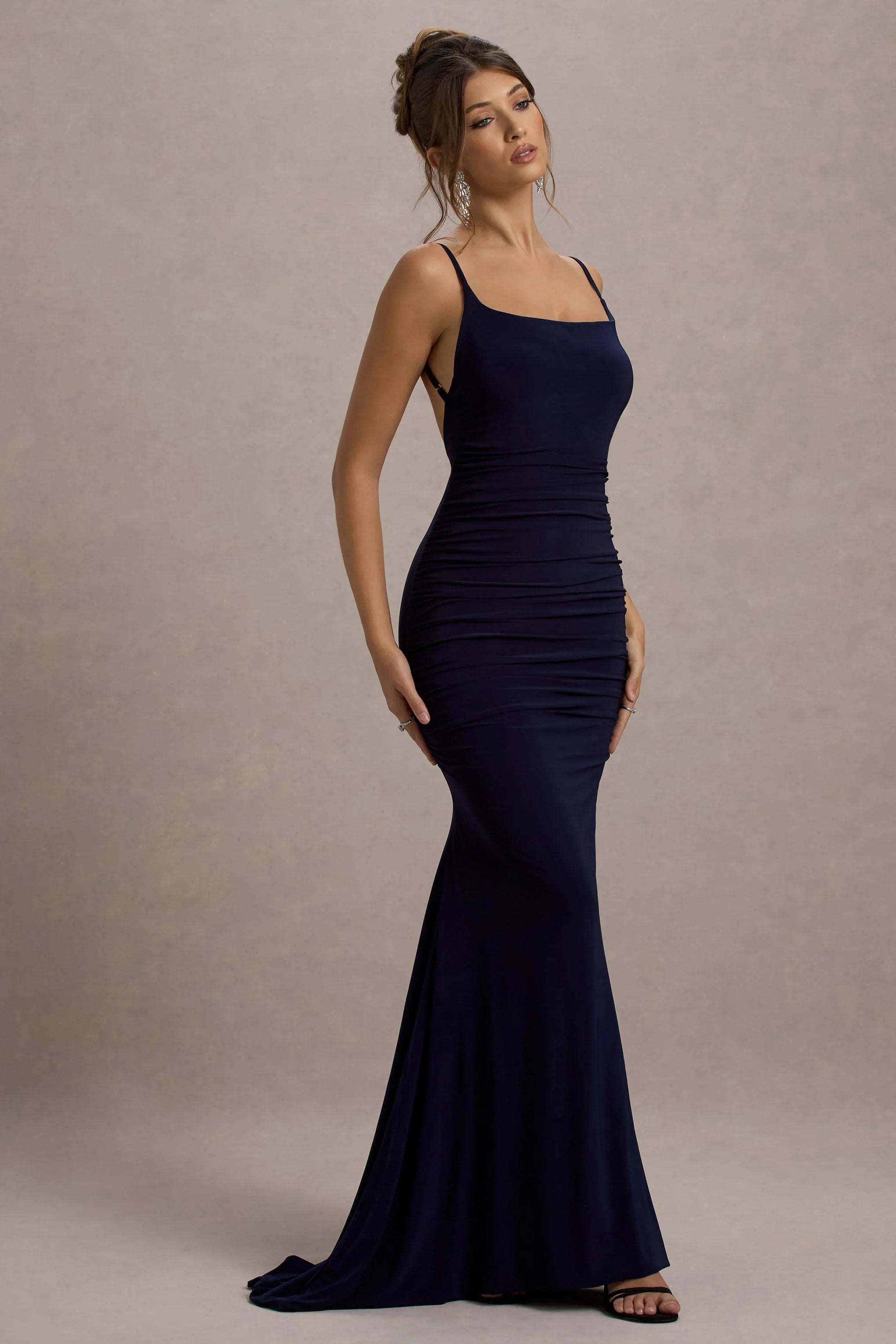 Adele Navy Backless Ruched Fishtail Cami Maxi Dress