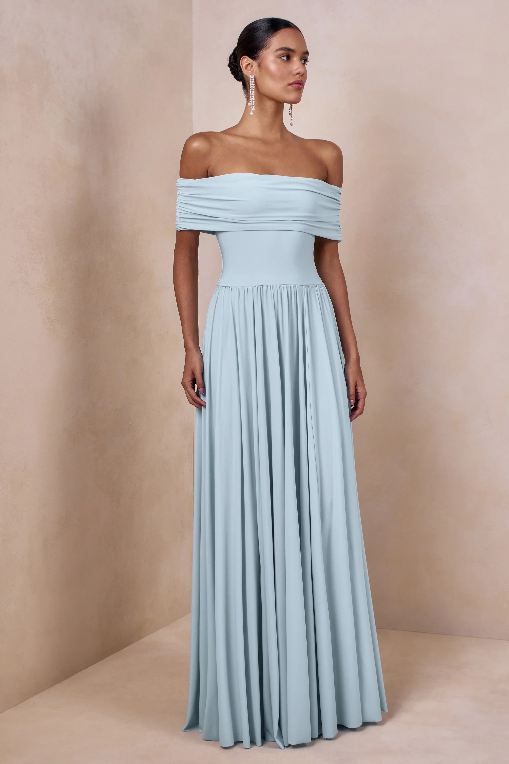 Cindie Powder Blue Bardot Neck Maxi Dress