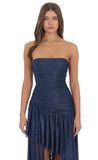 Foil Mesh Asymmetrical High Low Maxi Dress in Navy