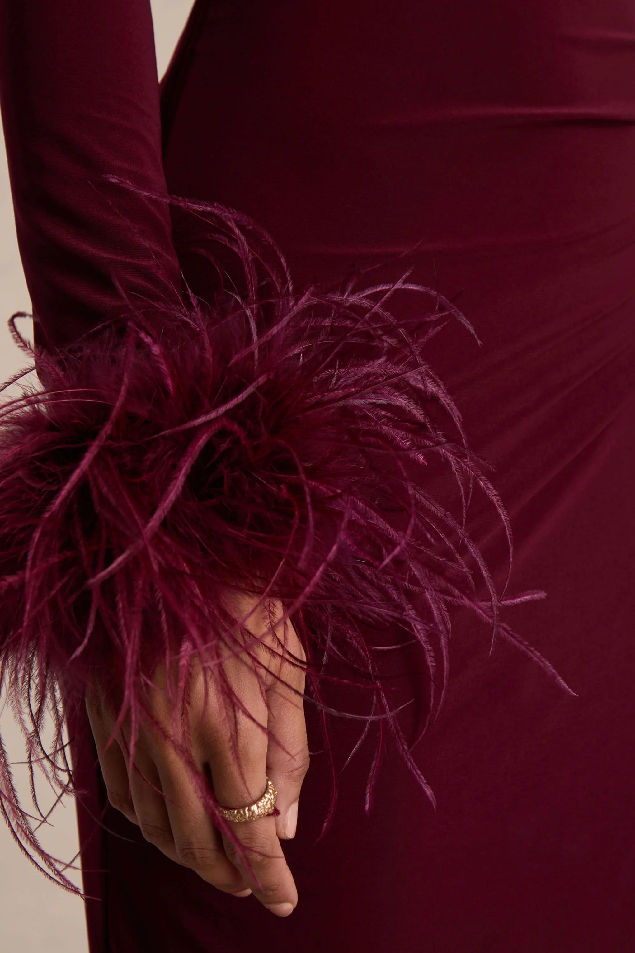 Gatsby Burgundy High Neck Maxi Dress With Feather Trim Cuffs