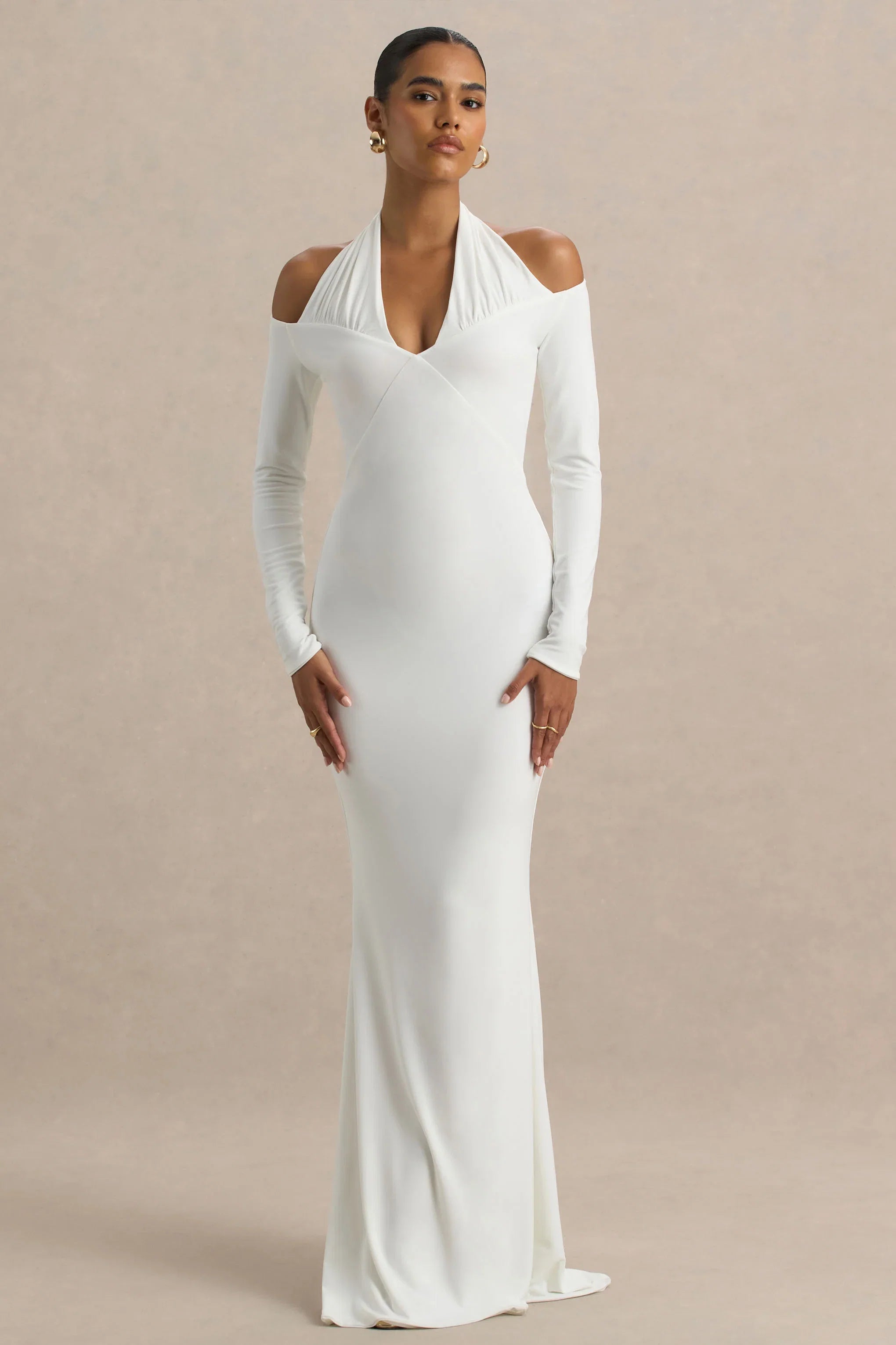 Living High White Halter Neck Maxi Dress With Long Sleeves