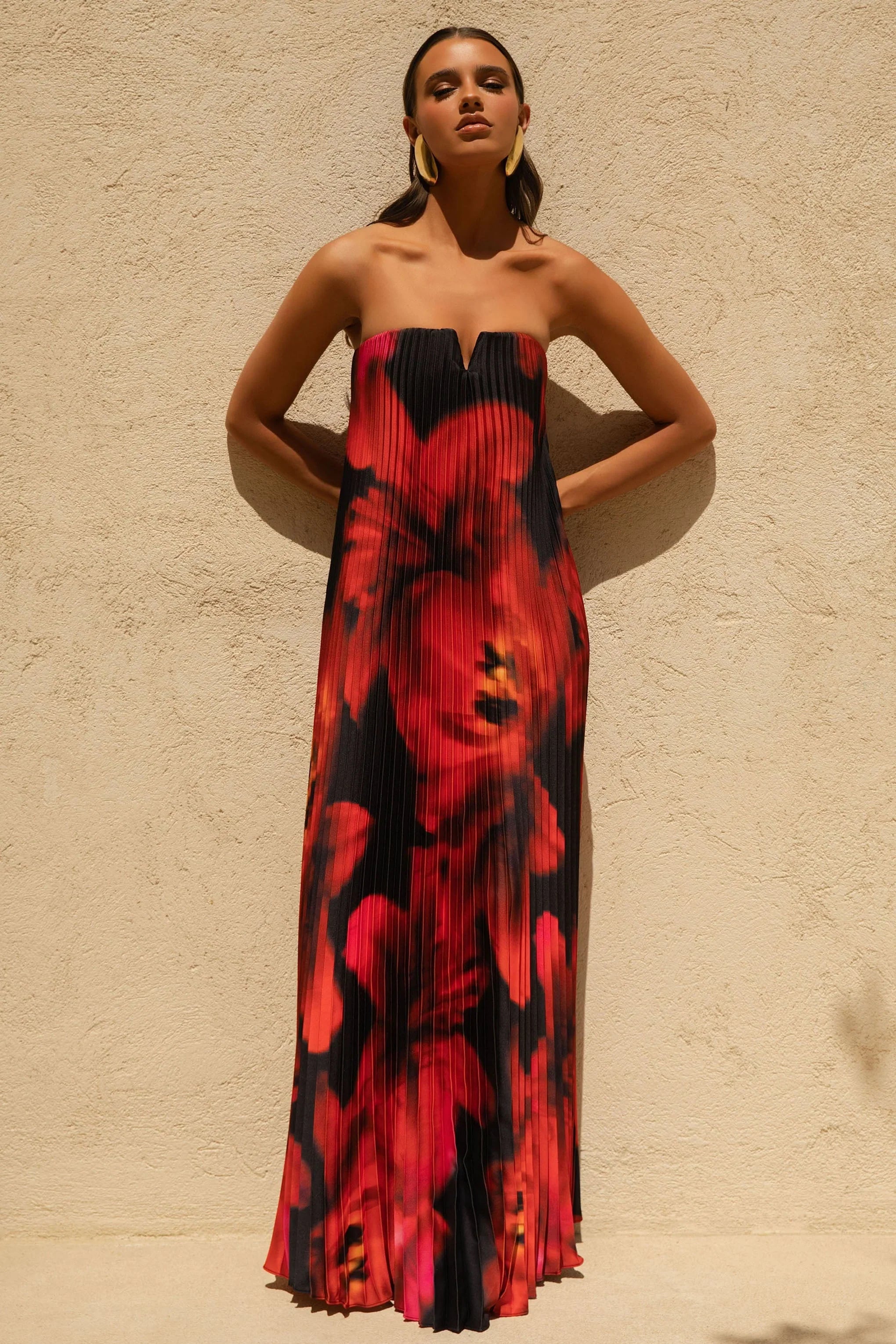 Bergamot Black And Red Floral Print Satin Sweetheart Maxi Dress