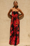Bergamot Black And Red Floral Print Satin Sweetheart Maxi Dress