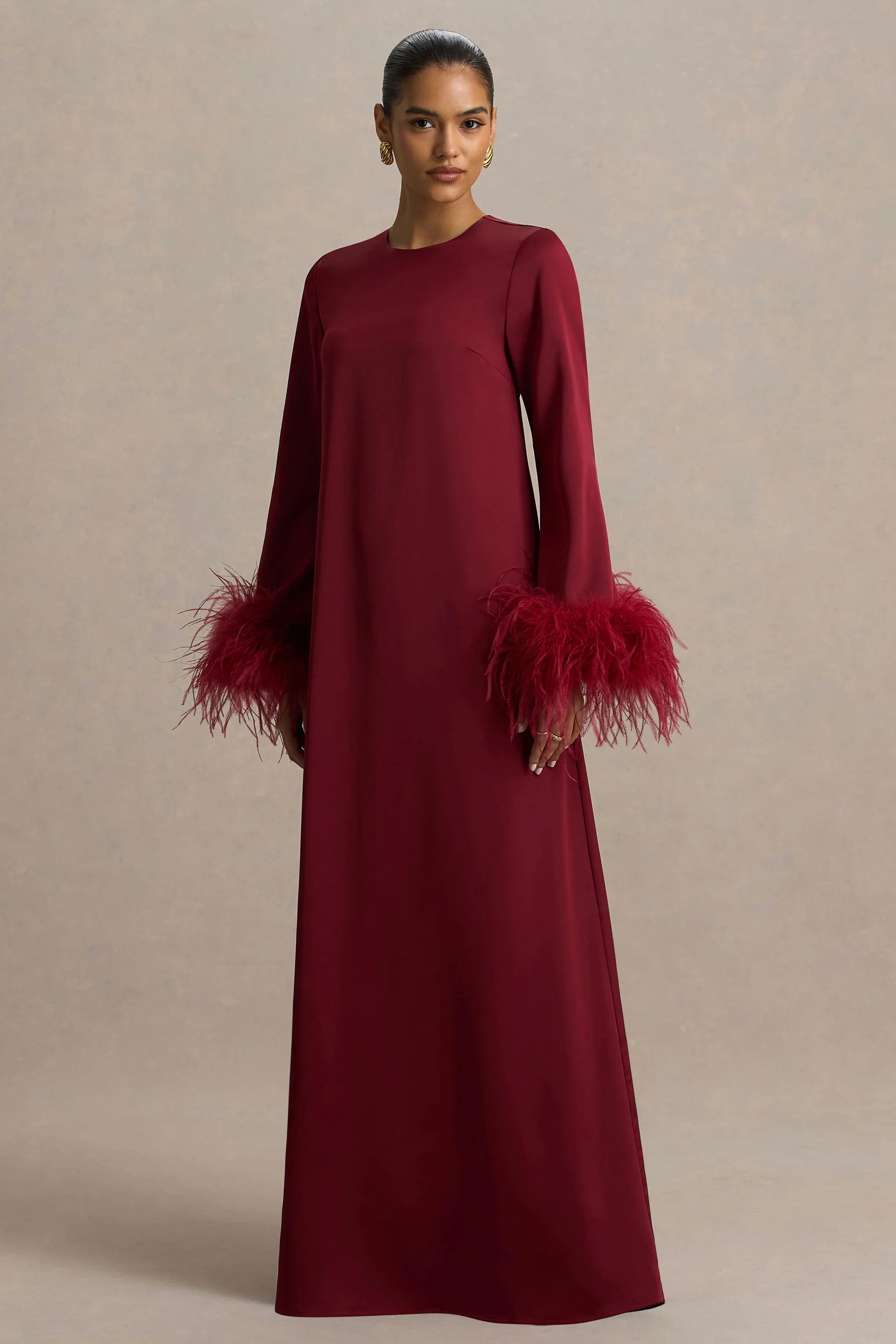 Adella Burgundy Satin Feather Trim Maxi Dress