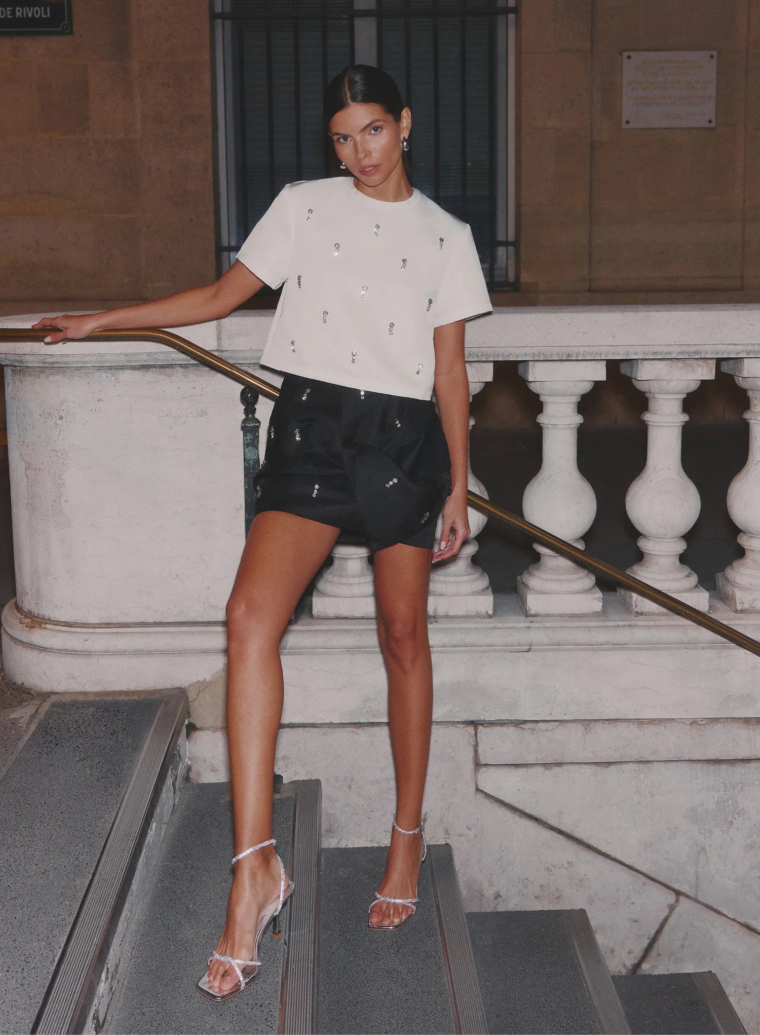 White Embellished Woven Crop T Shirt
