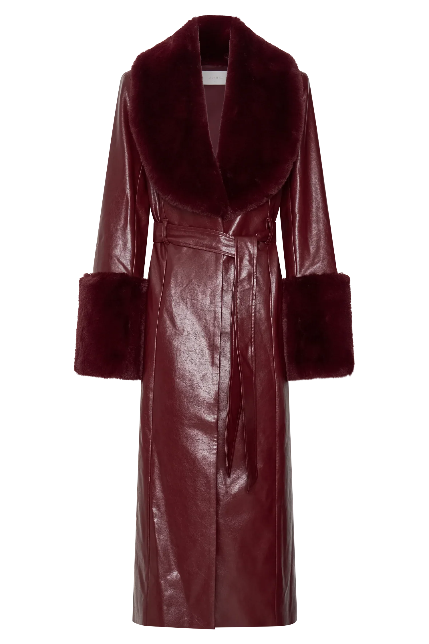 Bec Faux Leather Trench Coat With Faux Fur Cherry Red