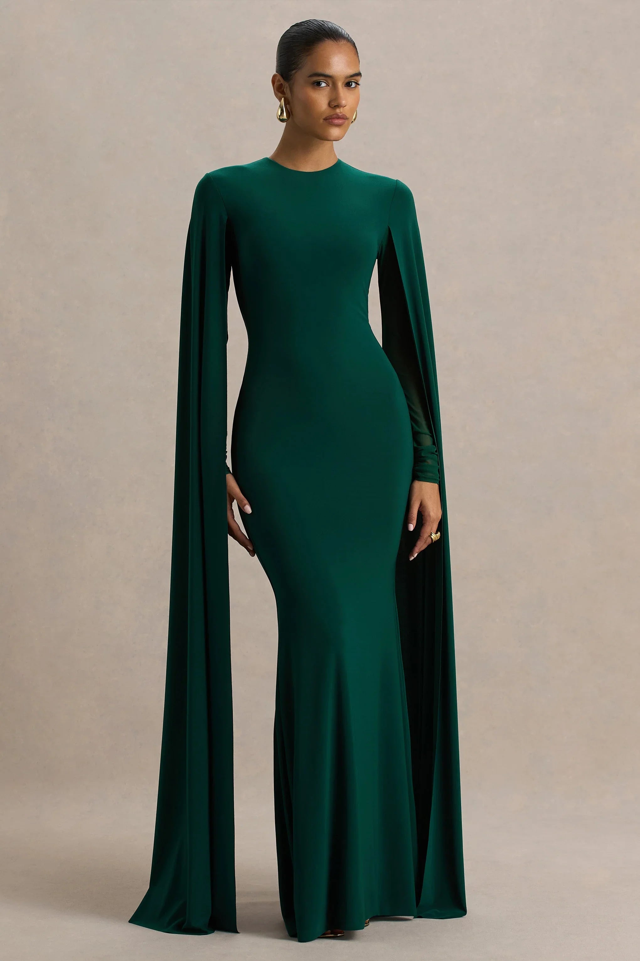 Isla Bottle Green Crew Neck Maxi Dress With Cape Sleeve