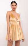 Pleated A line Velvet Dress In Mustard