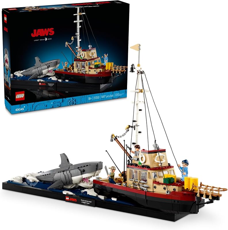 LEGO Ideas Jaws Set Diorama Kit for Fans of the Classic Movie Shark Toy Movie Memorabilia Gift for Adults Includes Orca Boat and Chief Brody Hooper and Quint Minifigures 21350