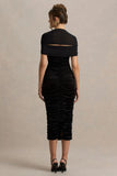Chrissy Black Velvet Square Neck Midi Dress With Mesh Sleeves And Ruched Detailing