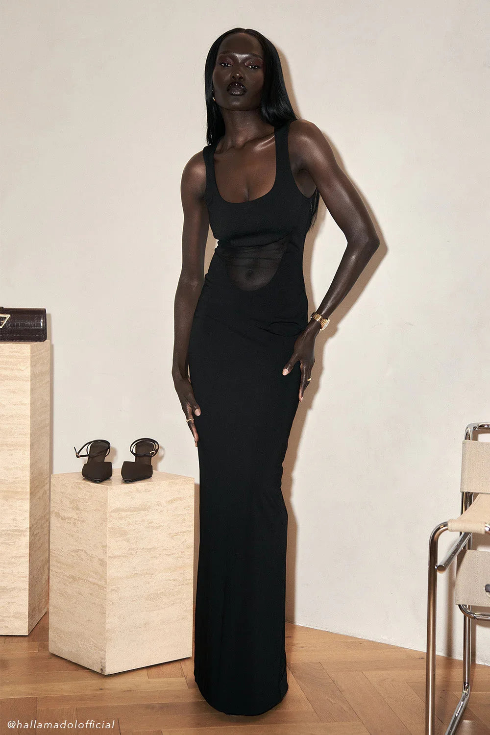 Marlon Crepe And Mesh Maxi Dress Black