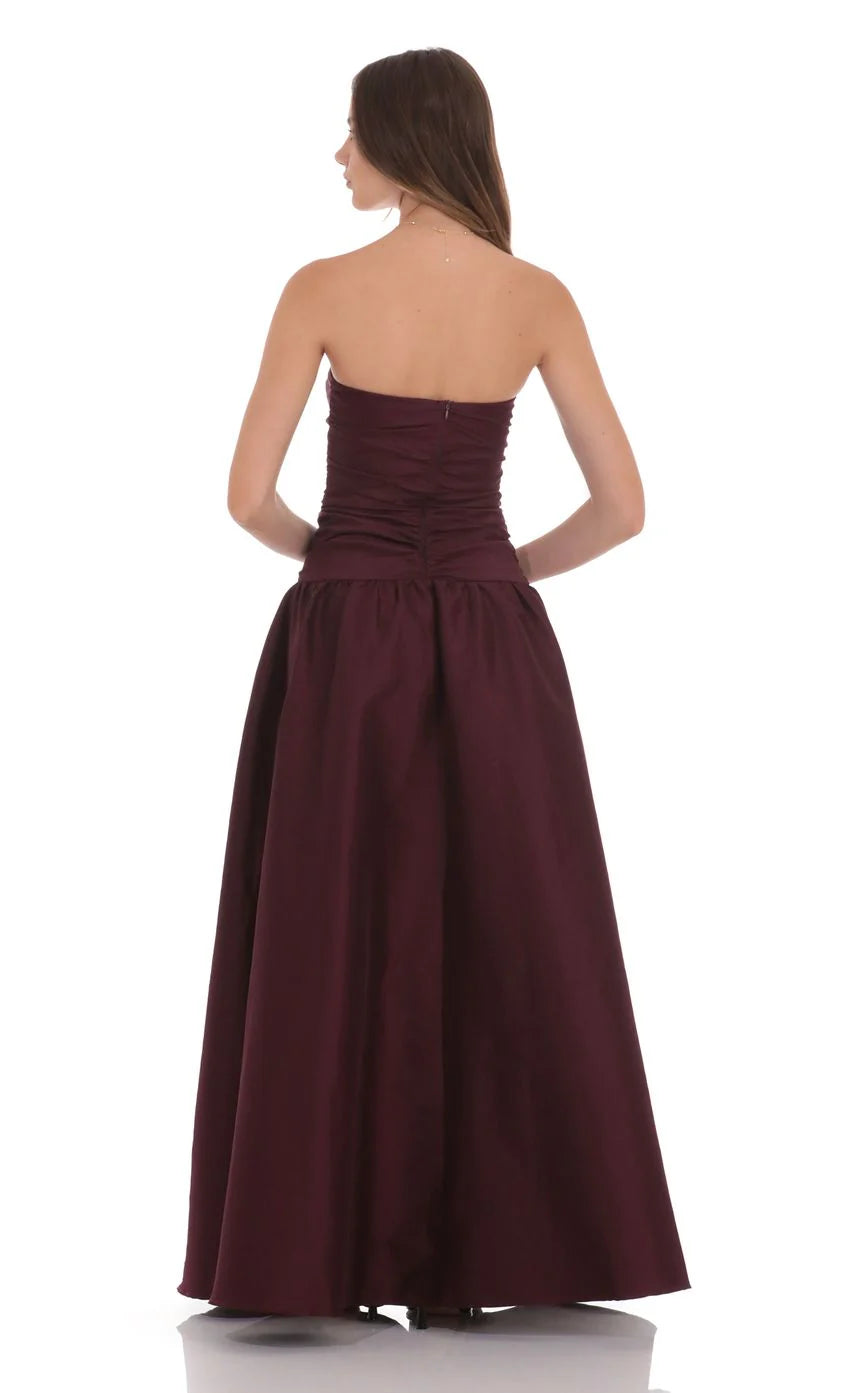 Cutout Drop Waist Strapless Maxi Dress in Wine