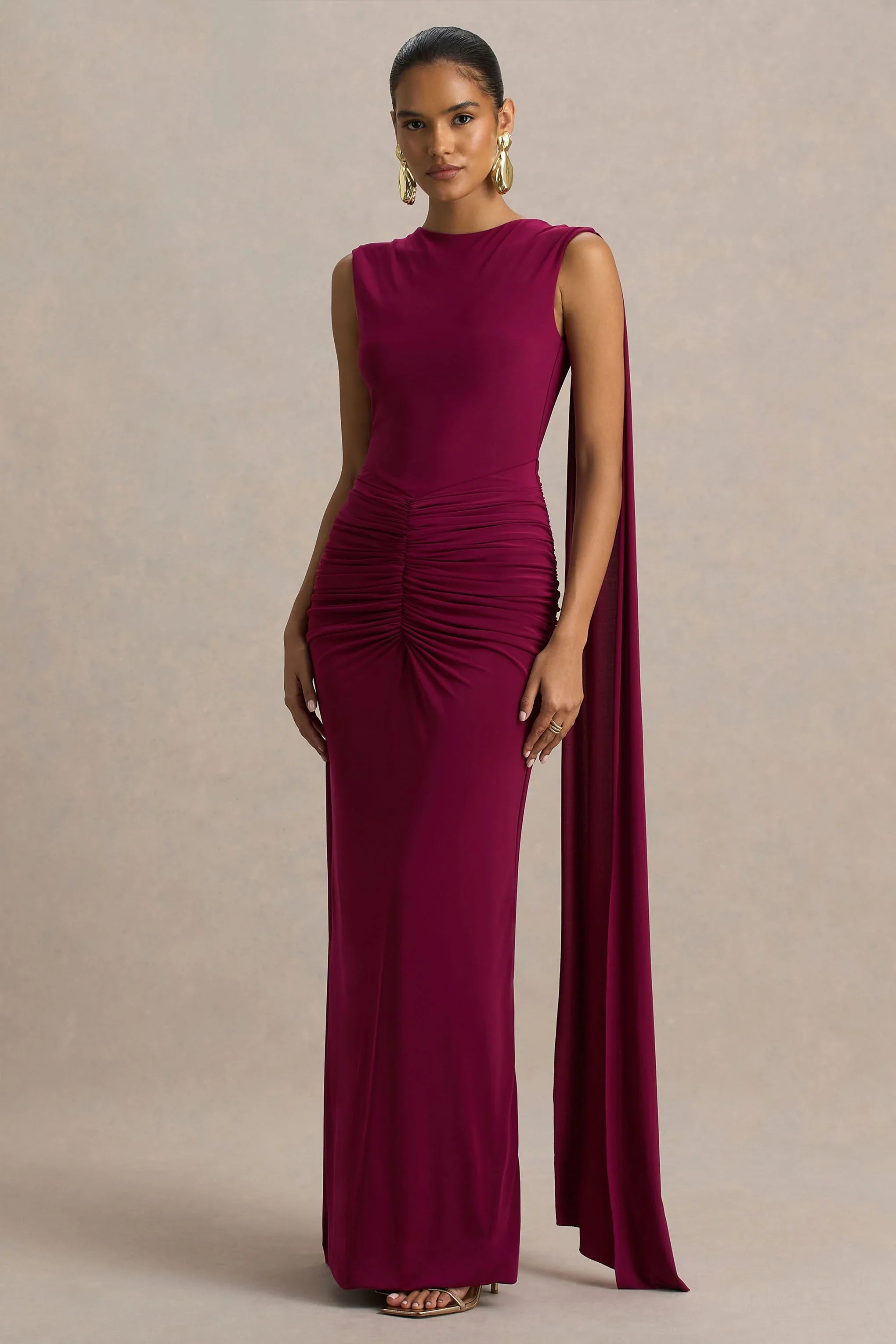 Premiere Burgundy Boat Neck Maxi Dress With Open Back And Cape Sleeves