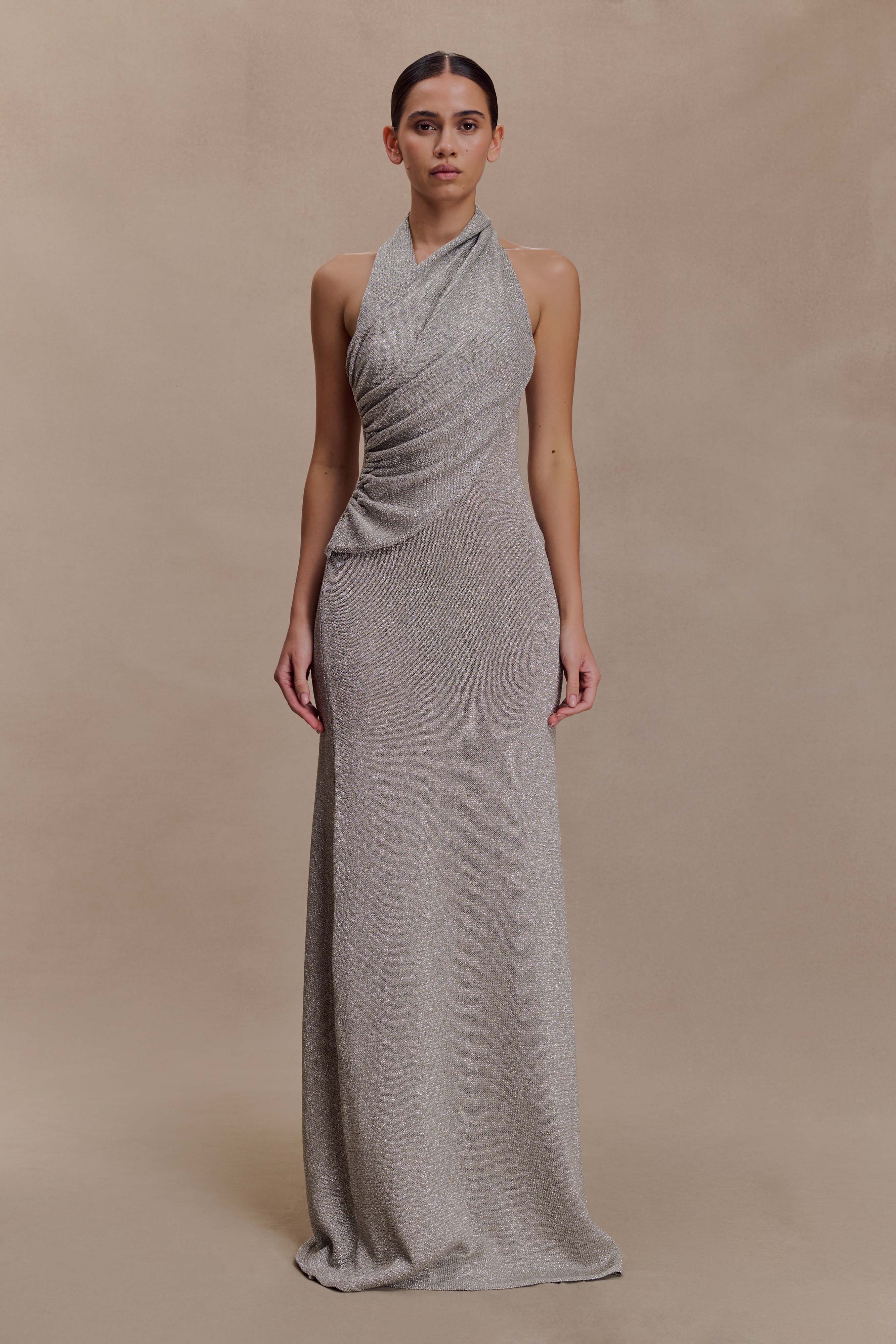 Elma Lurex Knit Halter Maxi Dress Silver