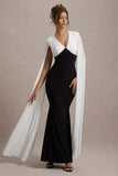 Grace Kelly Black White Plunge Neck Maxi Dress With Cape Sleeves