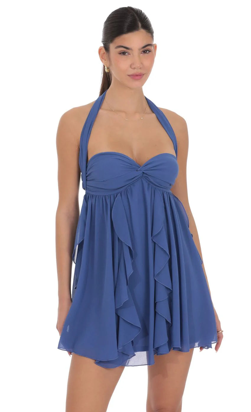 Halter Ruffle Babydoll Dress in Blue