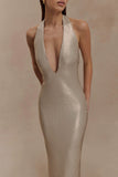 Carnation Sequin Halter Midi Dress Gold