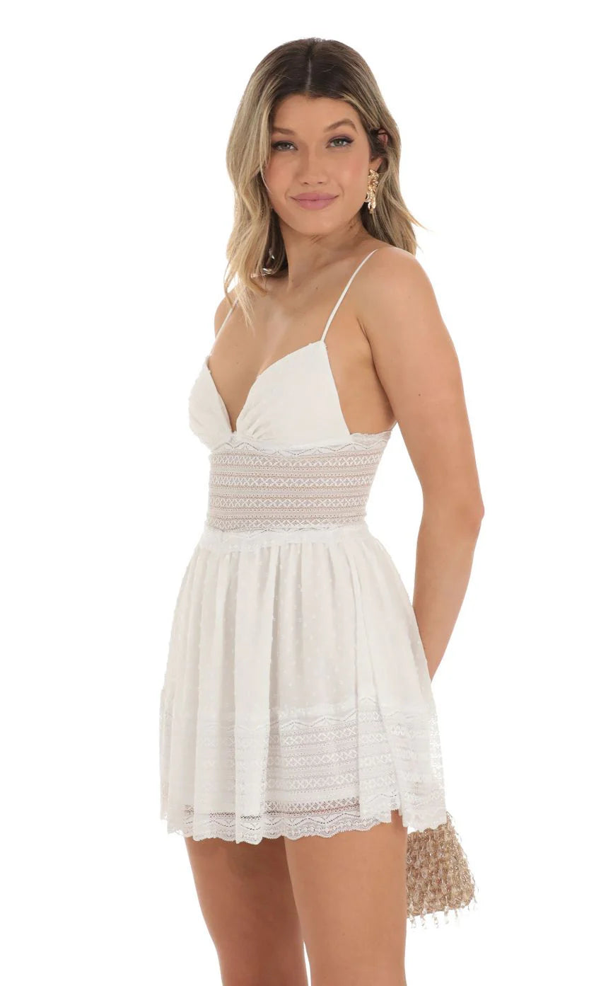 Dotted Chiffon Dress With Lace Inserts in White