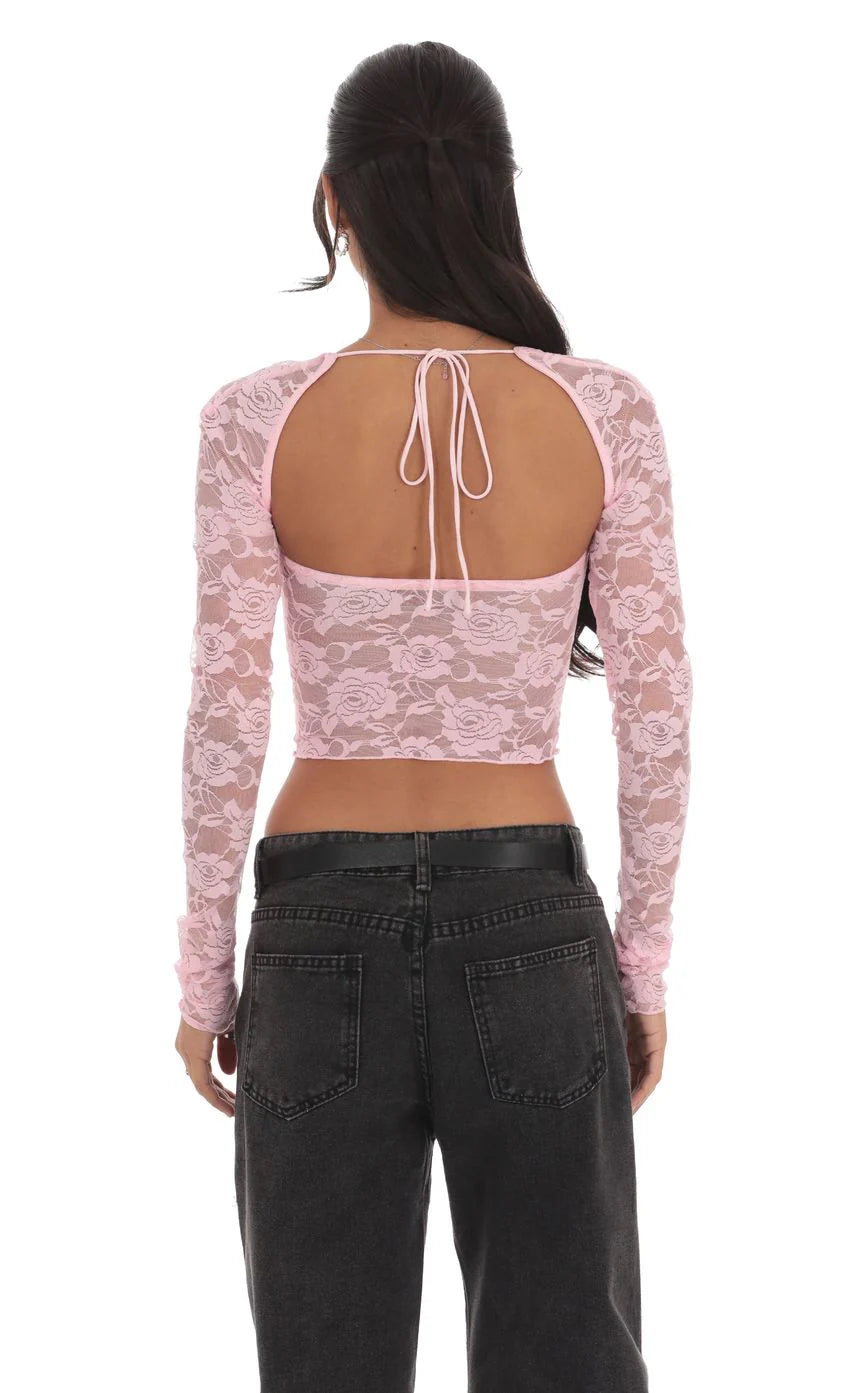 Lace Long Sleeve Top in Pink
