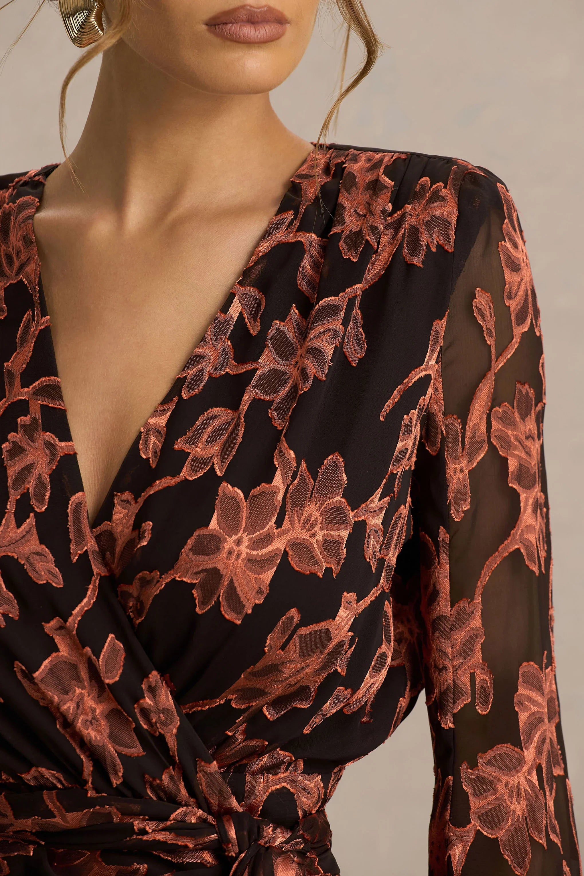 Lindsey Black And Rust Plunge Neck Wrap Mini Dress With Bell Sleeves And Sash Detail
