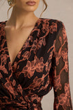 Lindsey Black And Rust Plunge Neck Wrap Mini Dress With Bell Sleeves And Sash Detail