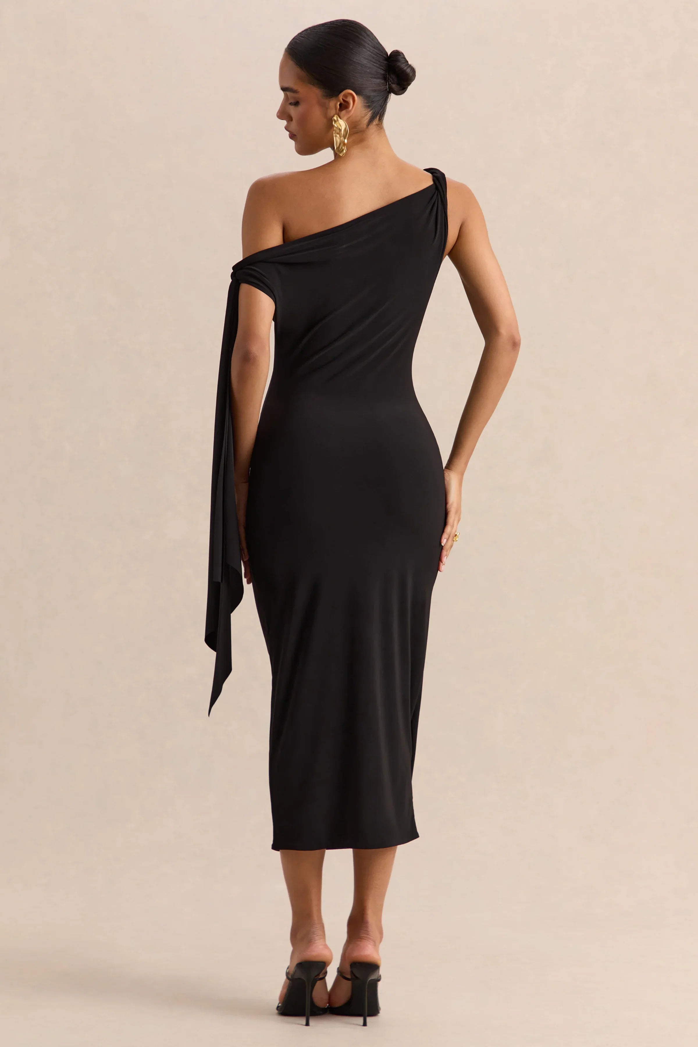 Arcelia Black Asymmetric Neck Midi Dress With Knot Sleeve Detail