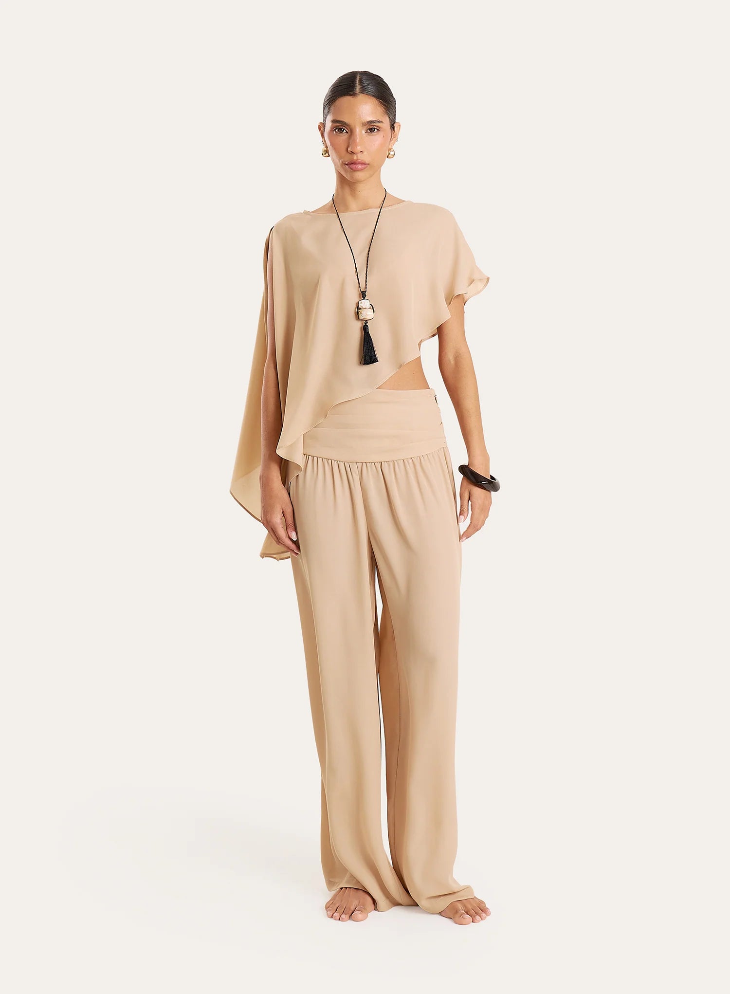 Beige Sheer Asymmetric Hem Cape Top