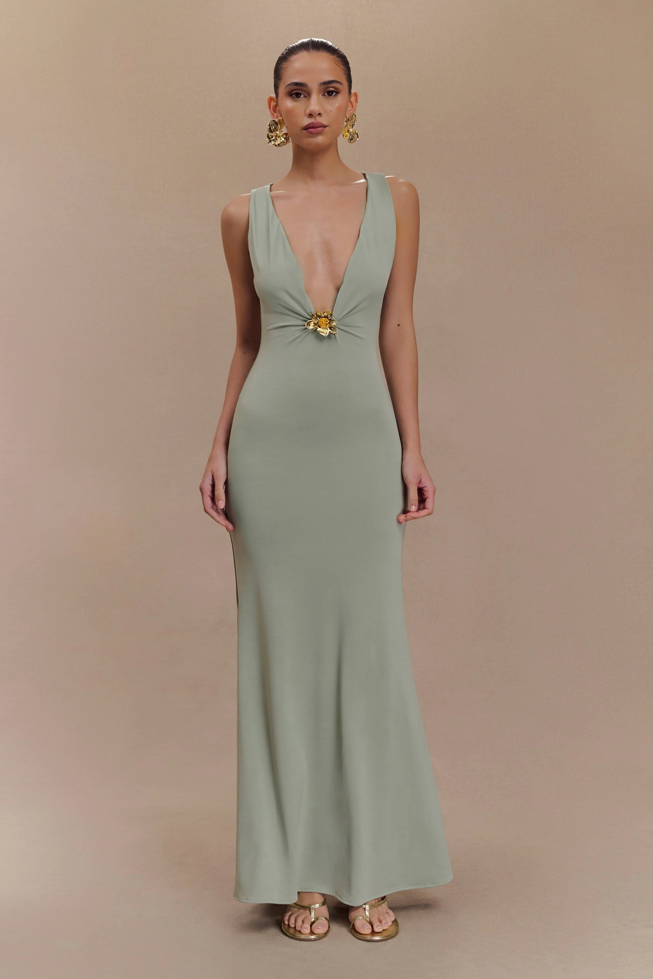 Beck Plunge Maxi Dress With Floral Hardware Basil