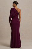 Lola Burgundy Asymmetric Neck Maxi Dress With Ruched Detailing And Front High Split