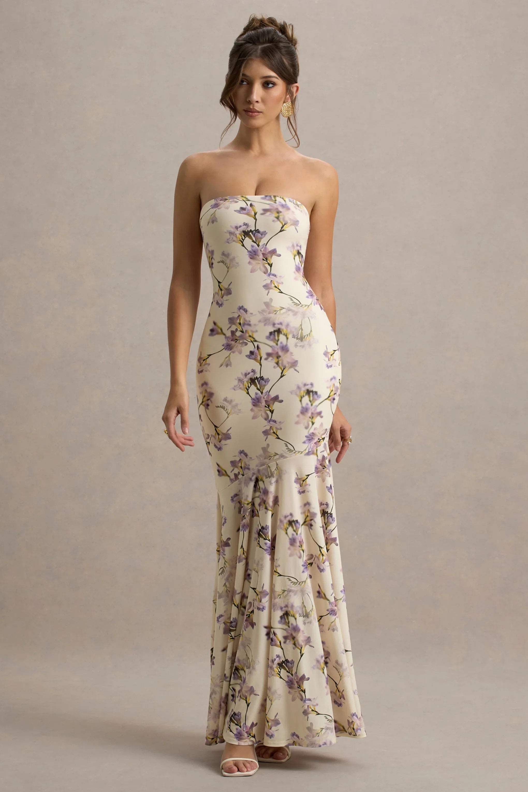 Callie Lemon Floral Print Bandeau Fishtail Maxi Dress