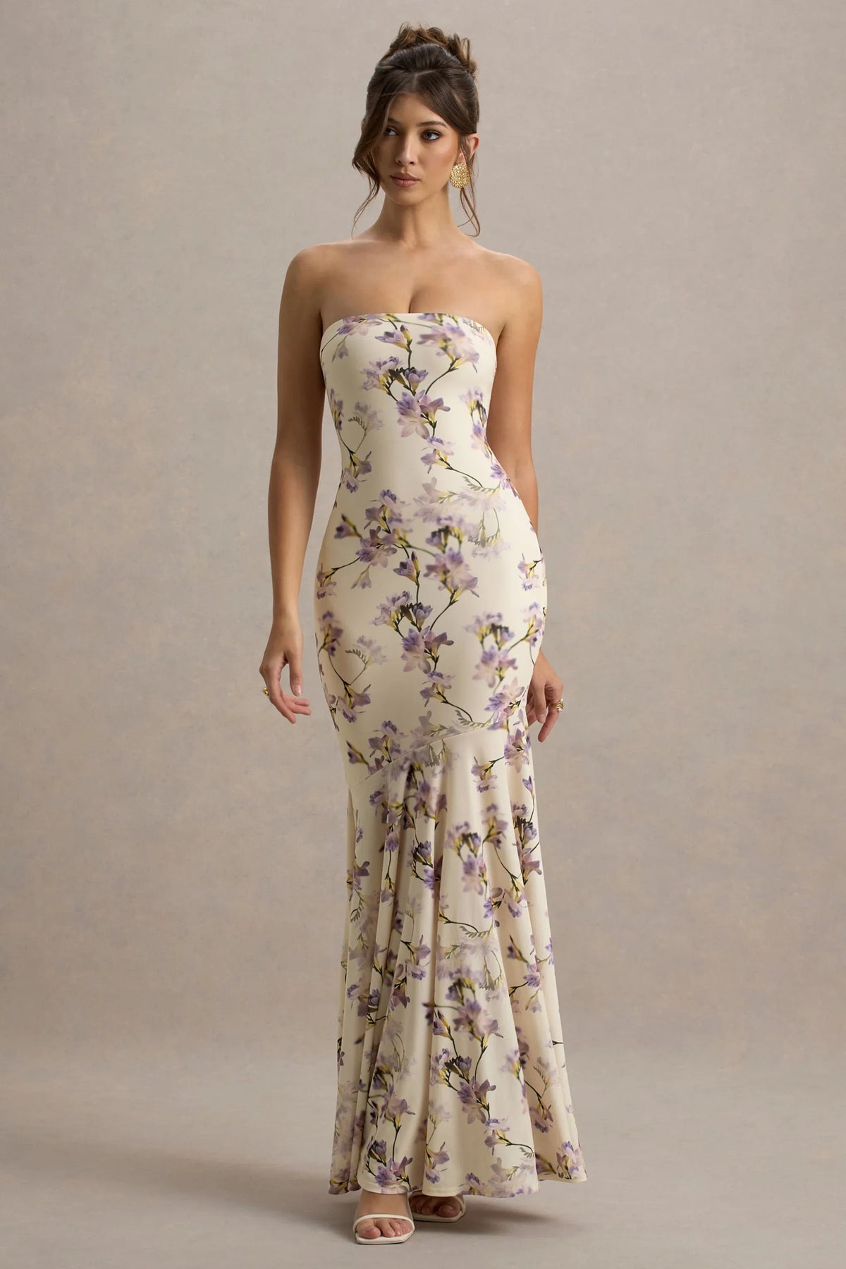 Callie Lemon Floral Print Bandeau Fishtail Maxi Dress