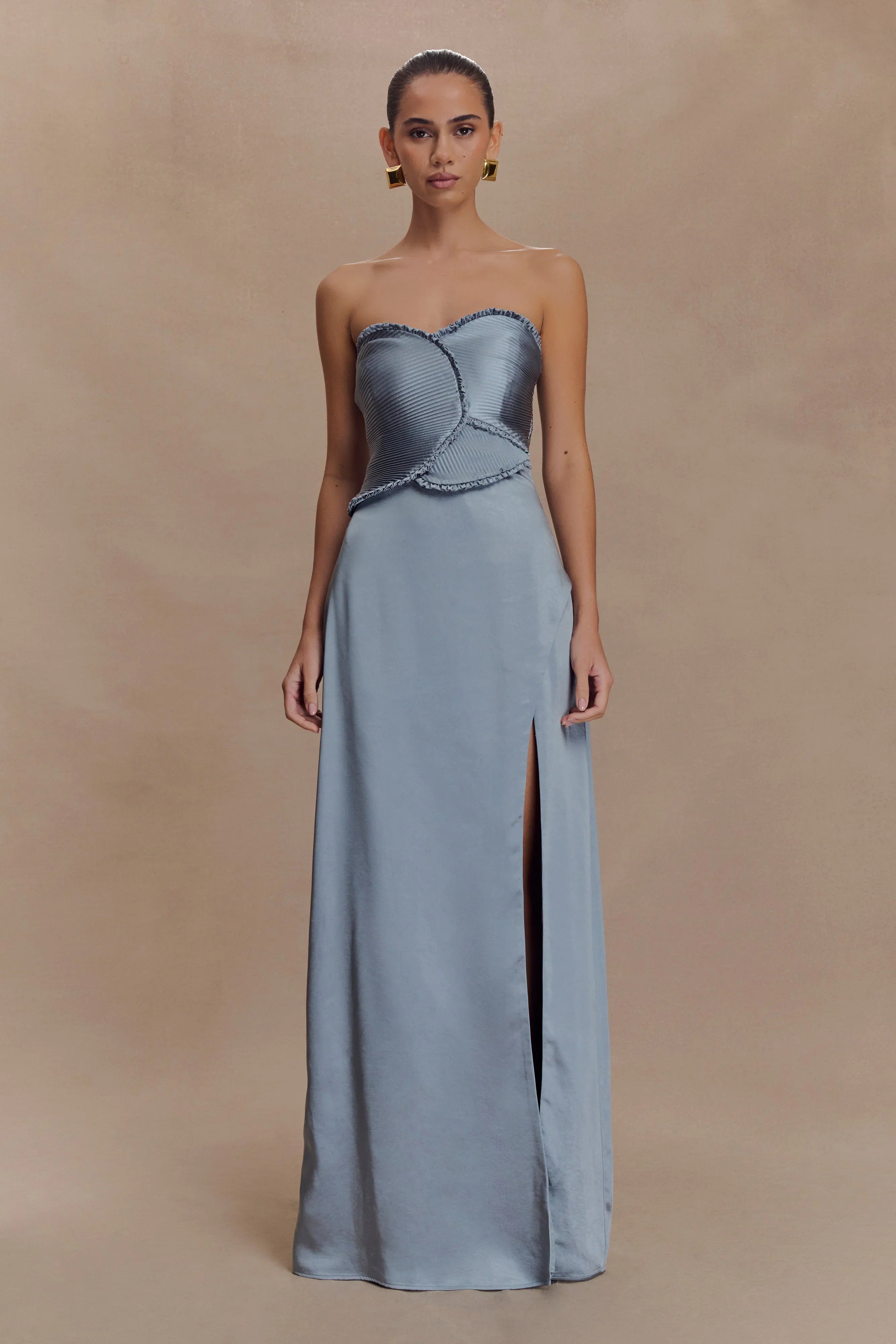 Larissa Satin Maxi Dress With Ruched Petals Frosted Blue