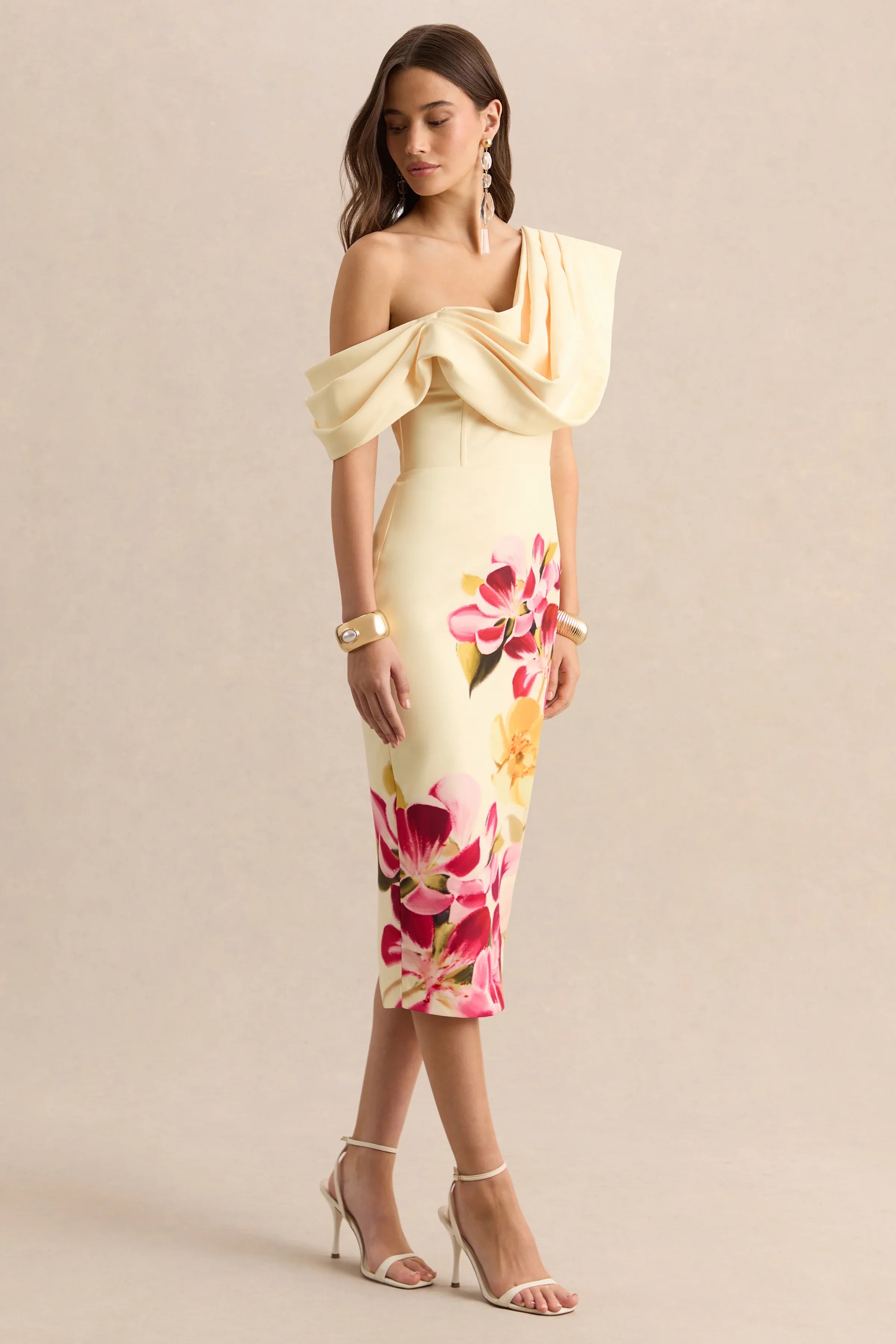 Adrina Hot Pink Lemon Floral Print Draped One Shoulder Midi Dress