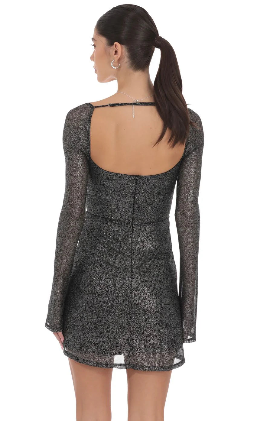 Foil Twist Long Sleeve Dress in Black and Silver
