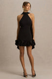 Geneve Black Halter Neck Mini Dress With Ruffled Trim