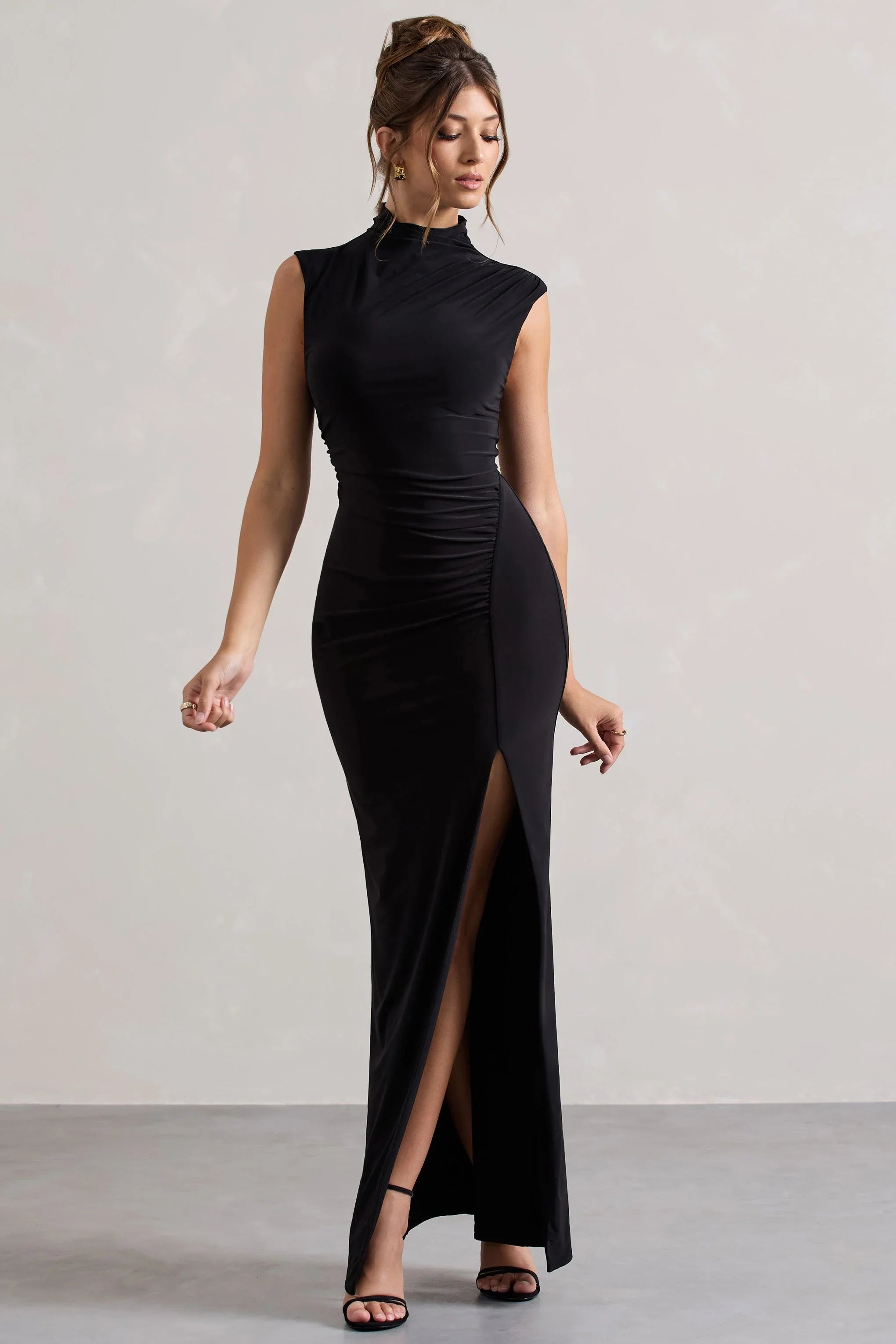 Lanetta Black Ruched High Neck Maxi Dress With Split