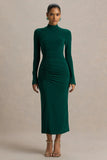 Cassandra Bottle Green High Neck Long Sleeve Midi Dress