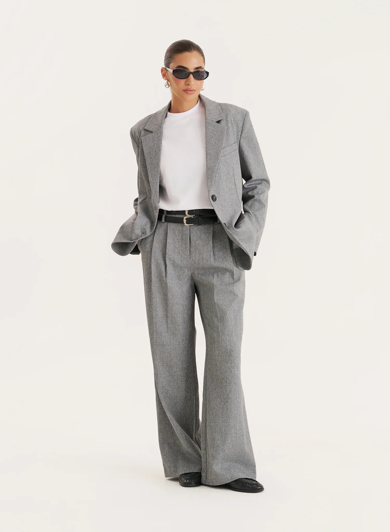 Grey Belted Tailored Wide Leg Trouser