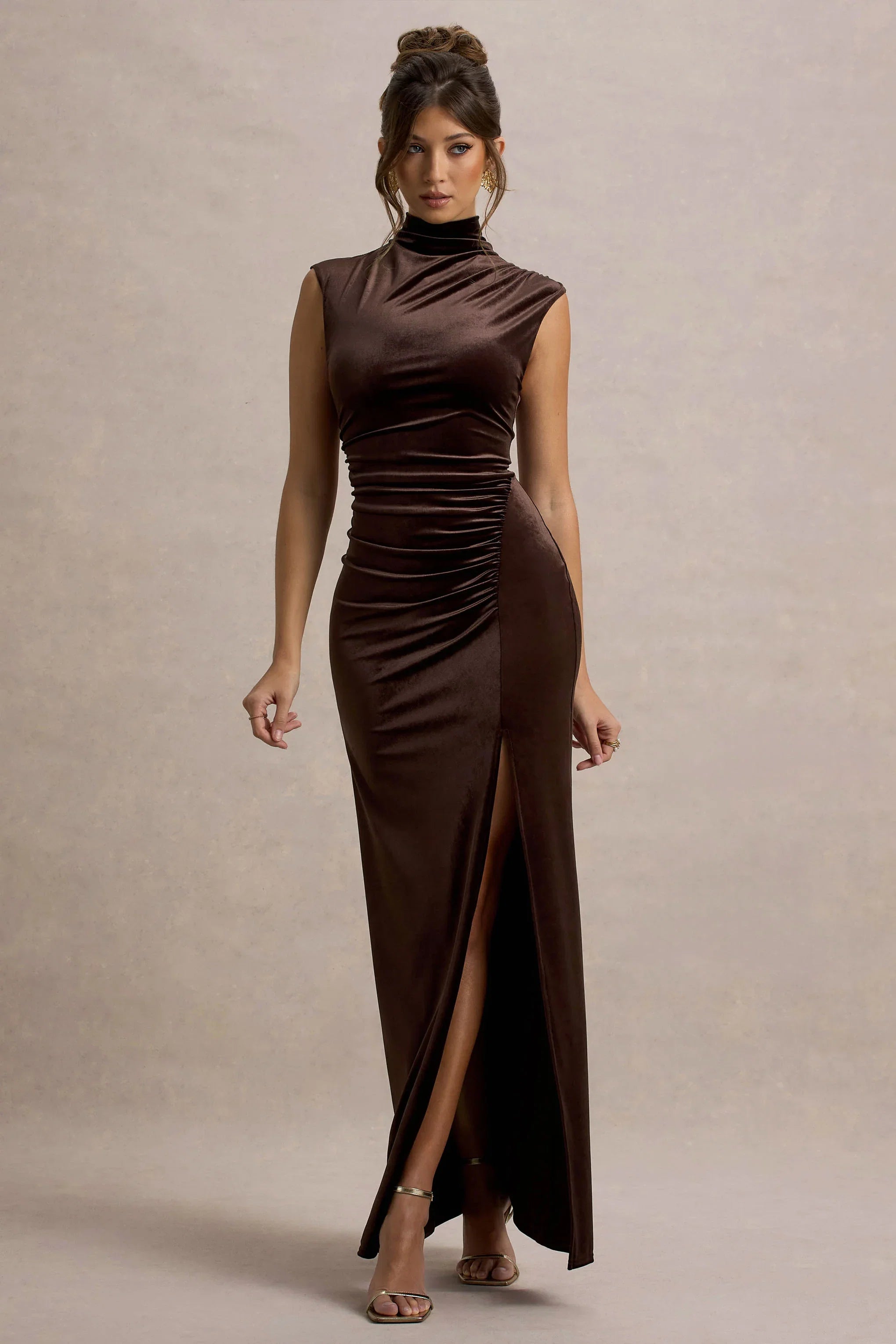 Abilene Chocolate Velvet High Neck Split Maxi Dress