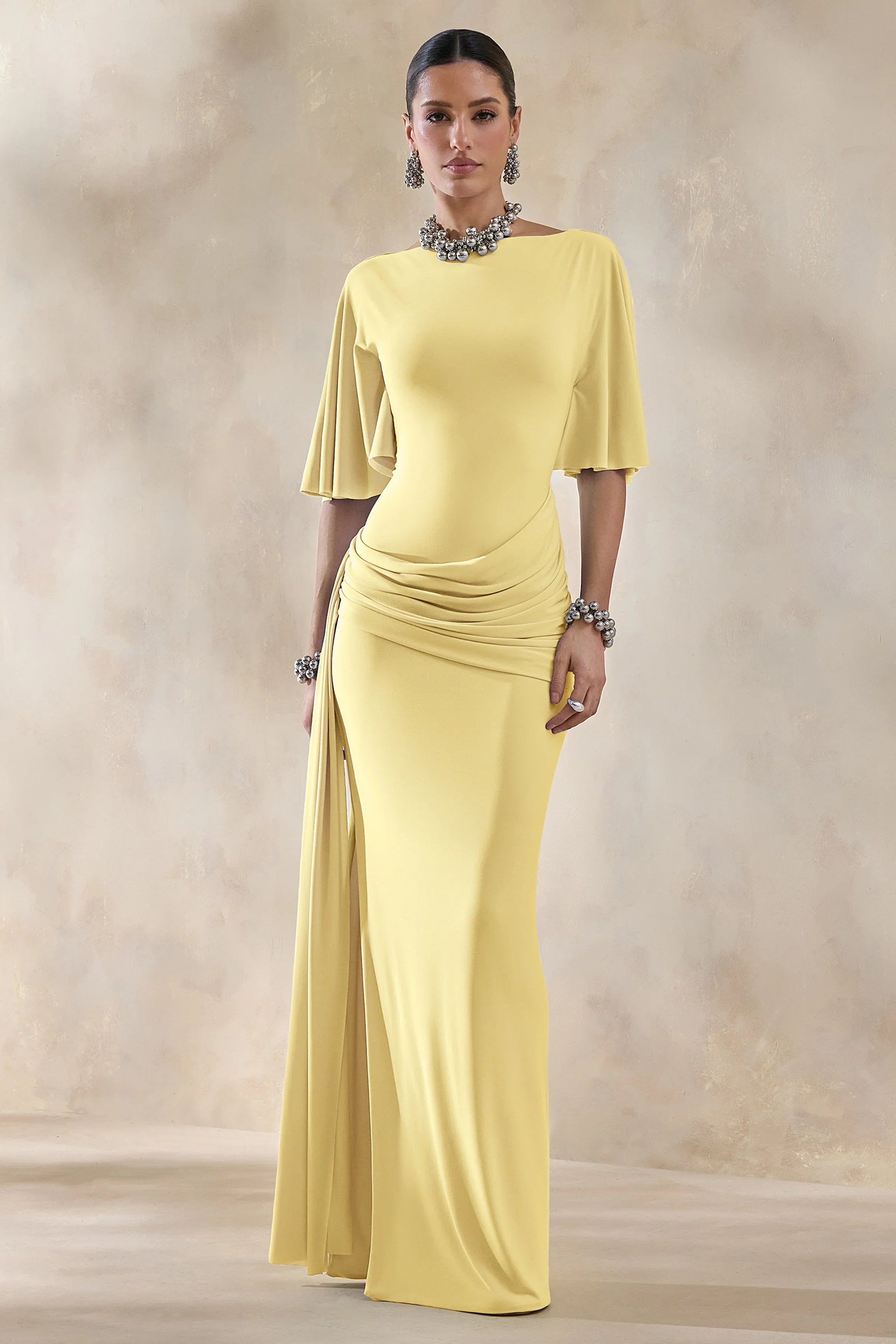 Emerelle Lemon Wide Neck Maxi Dress With Sash And Draped Detailing
