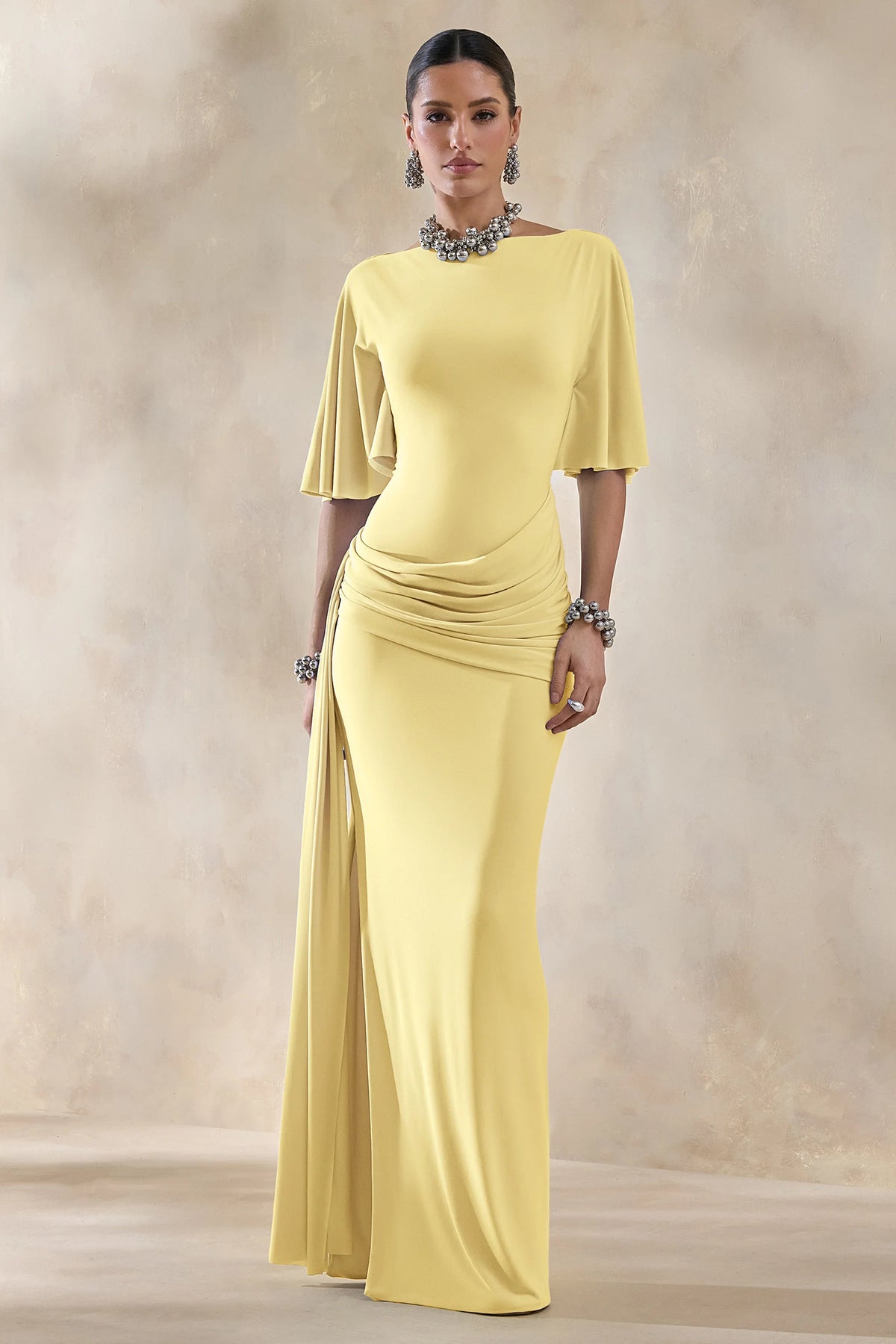 Emerelle Lemon Wide Neck Maxi Dress With Sash And Draped Detailing