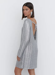 Silver Metallic Knit Tie Back Jumper Dress