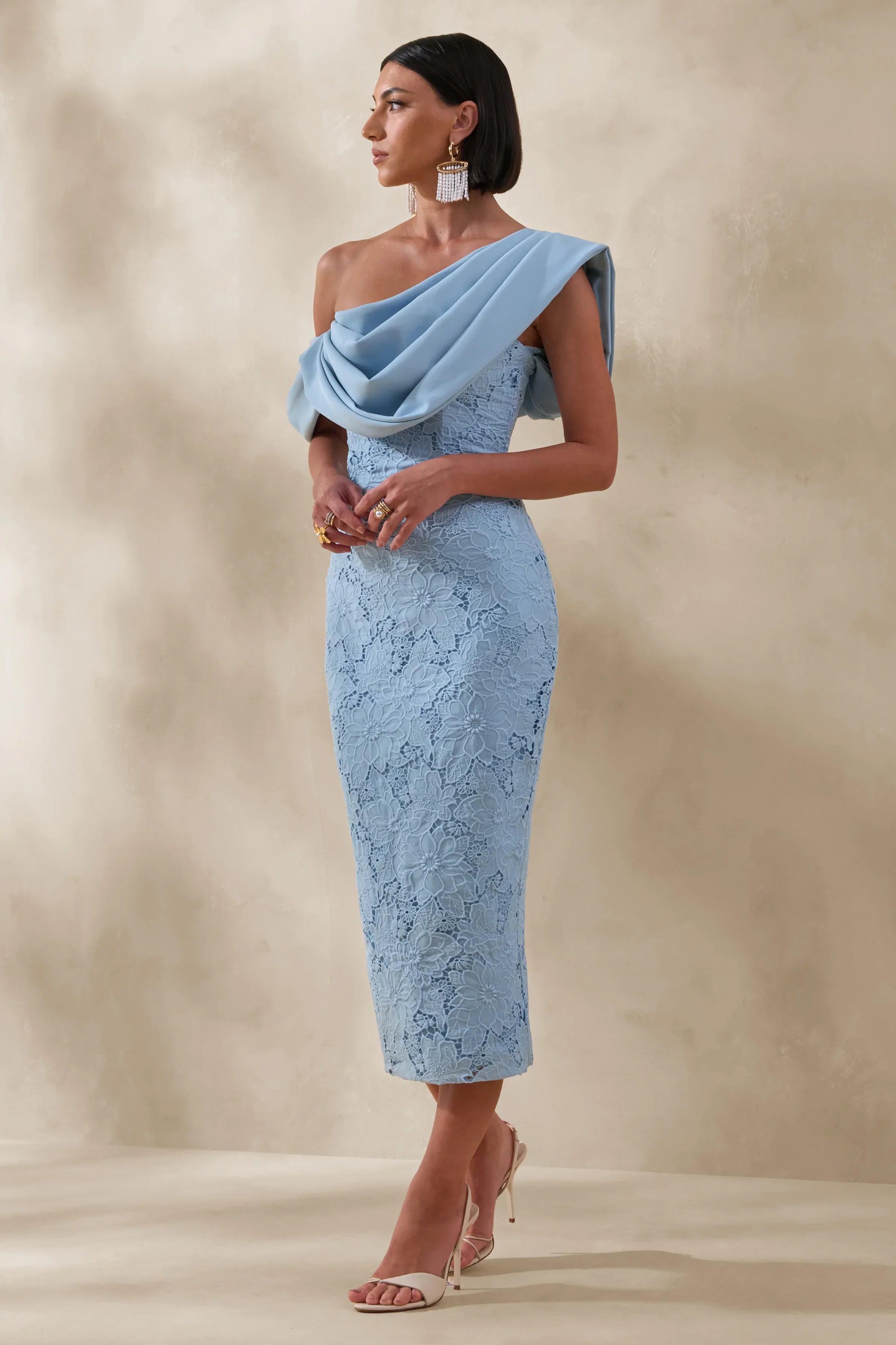 Loria Powder Blue Lace Asymmetric Neck Midi Dress With Draped Detailing