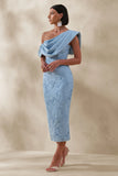 Loria Powder Blue Lace Asymmetric Neck Midi Dress With Draped Detailing